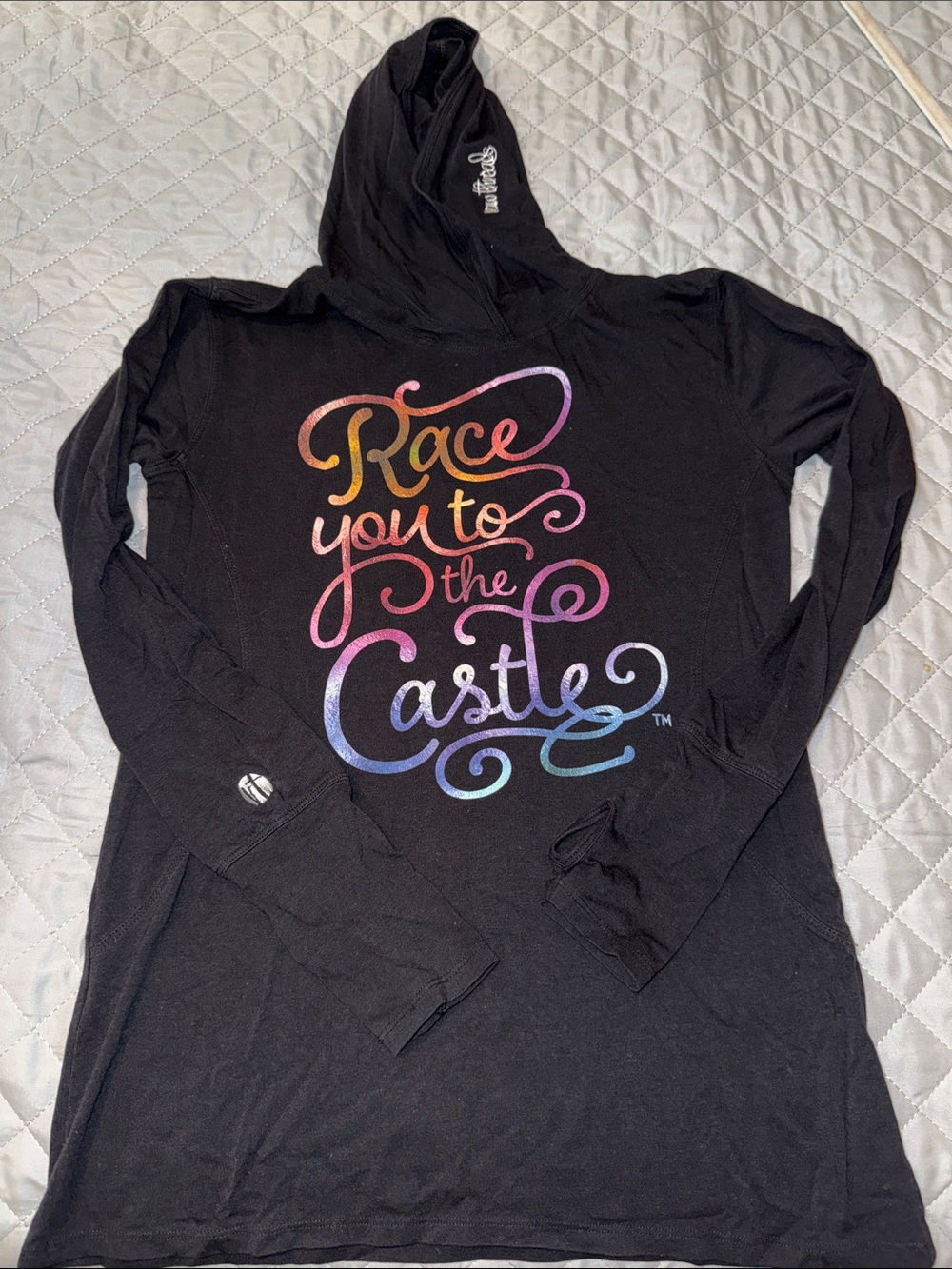 RawThreads Race You to the Castle Long-Sleeve Hooded Tee Black with thumbholes